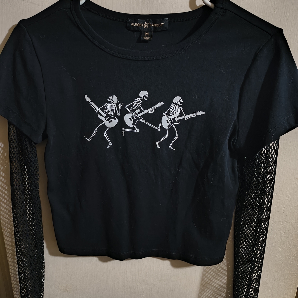 Almost Famous Black Crop Tee with White Skeleton Guitar Graphic